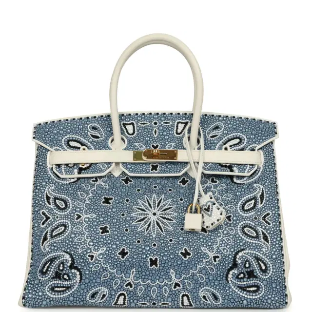HERMÈS Custom "Paisley Bandana" Swarovski Crystal Hermes Birkin 35 White Epsom Gold Hardware