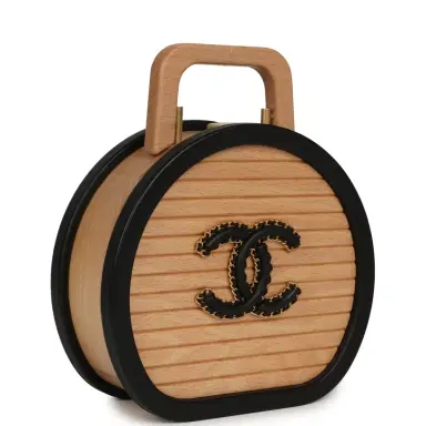 Chanel Pre-owned Chanel Small Round CC Vanity Case Tan Beechwood, Black Calfskin Antique Gold Hardware | Thumbnail 2