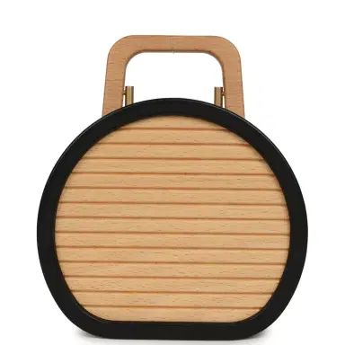 Chanel Pre-owned Chanel Small Round CC Vanity Case Tan Beechwood, Black Calfskin Antique Gold Hardware | Thumbnail 4