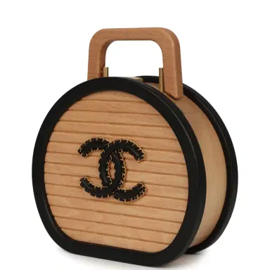 Chanel Pre-owned Chanel Small Round CC Vanity Case Tan Beechwood, Black Calfskin Antique Gold Hardware | Thumbnail 5