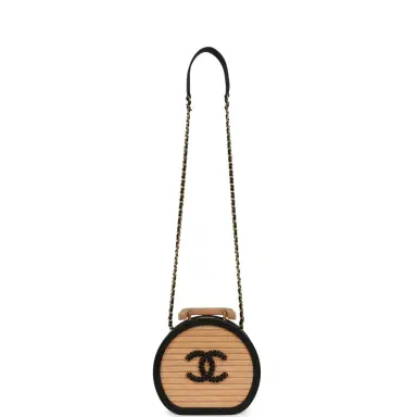 Chanel Pre-owned Chanel Small Round CC Vanity Case Tan Beechwood, Black Calfskin Antique Gold Hardware | Thumbnail 7