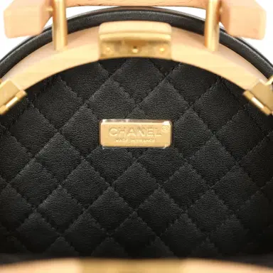 Chanel Pre-owned Chanel Small Round CC Vanity Case Tan Beechwood, Black Calfskin Antique Gold Hardware | Thumbnail 10