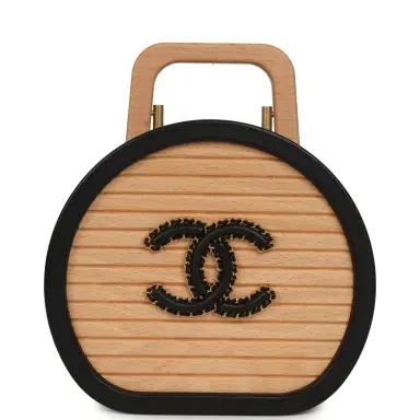 Chanel Pre-owned Chanel Small Round CC Vanity Case Tan Beechwood, Black Calfskin Antique Gold Hardware | Thumbnail 1