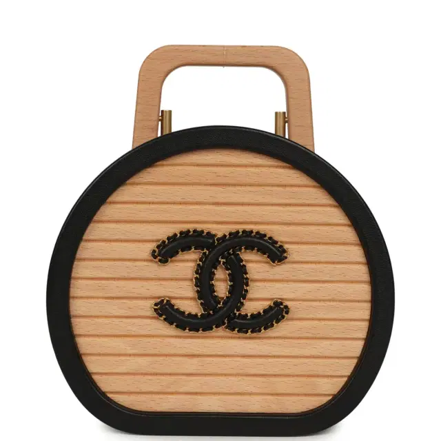 Chanel Pre-owned Chanel Small Round CC Vanity Case Tan Beechwood, Black Calfskin Antique Gold Hardware