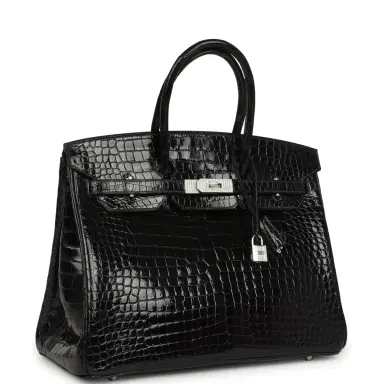 HERMÈS Pre-owned Hermes Birkin 35 Bleu Marine Shiny Porosus Crocodile 18K White Gold Diamond Hardware | Thumbnail 2