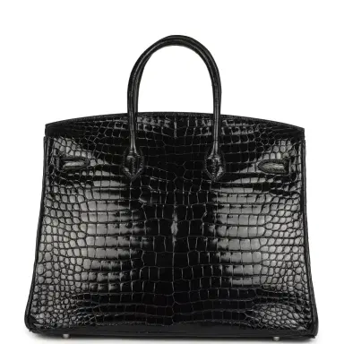 HERMÈS Pre-owned Hermes Birkin 35 Bleu Marine Shiny Porosus Crocodile 18K White Gold Diamond Hardware | Thumbnail 4