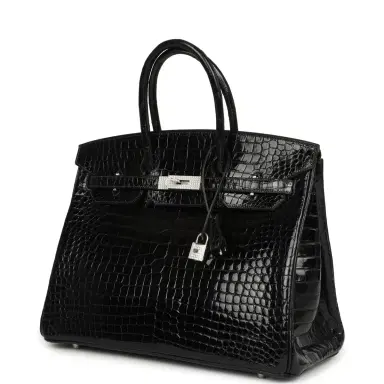 HERMÈS Pre-owned Hermes Birkin 35 Bleu Marine Shiny Porosus Crocodile 18K White Gold Diamond Hardware | Thumbnail 5