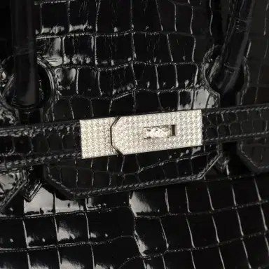 HERMÈS Pre-owned Hermes Birkin 35 Bleu Marine Shiny Porosus Crocodile 18K White Gold Diamond Hardware | Thumbnail 7