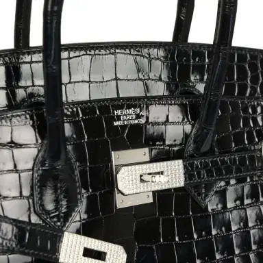 HERMÈS Pre-owned Hermes Birkin 35 Bleu Marine Shiny Porosus Crocodile 18K White Gold Diamond Hardware | Thumbnail 8