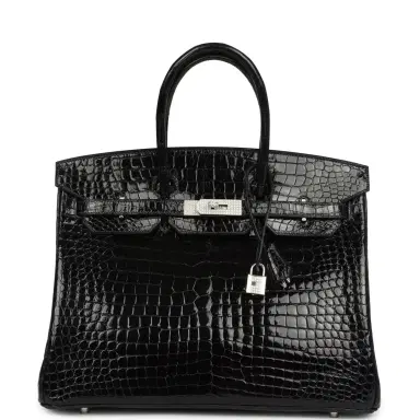 HERMÈS Pre-owned Hermes Birkin 35 Bleu Marine Shiny Porosus Crocodile 18K White Gold Diamond Hardware | Thumbnail 1