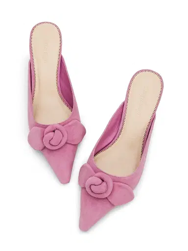 Cinq à Sept Women's Layla 50MM Knotted-Rose Suede Kitten-Heel Mules | Thumbnail 4 Cinq à Sept Women's Layla 50MM Knotted-Rose Suede Kitten-Heel Mules | Thumbnail 4