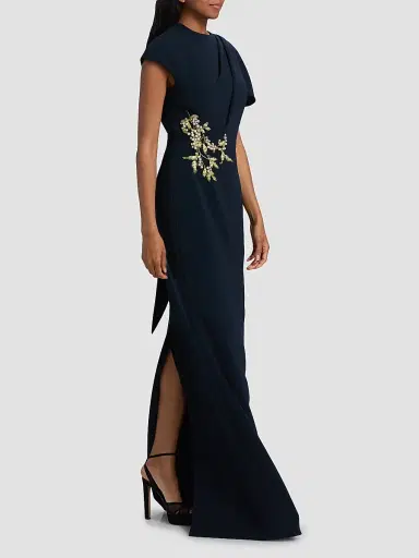 Teri Jon by Rickie Freeman Women's Pearl-Embellished Draped Cape Column Gown - Navy - Size 8 | Thumbnail 2