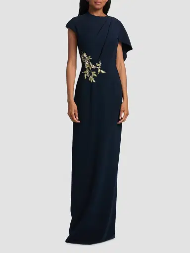 Teri Jon by Rickie Freeman Women's Pearl-Embellished Draped Cape Column Gown - Navy - Size 8 | Thumbnail 3