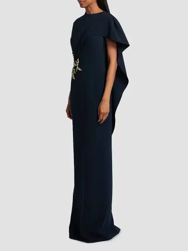 Teri Jon by Rickie Freeman Women's Pearl-Embellished Draped Cape Column Gown - Navy - Size 8 | Thumbnail 4