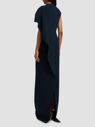 Teri Jon by Rickie Freeman Women's Pearl-Embellished Draped Cape Column Gown - Navy - Size 8 | Thumbnail 5