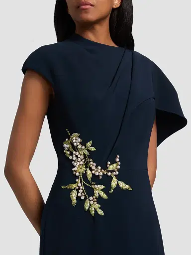 Teri Jon by Rickie Freeman Women's Pearl-Embellished Draped Cape Column Gown - Navy - Size 8 | Thumbnail 6