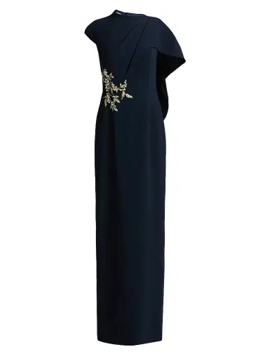 Teri Jon by Rickie Freeman Women's Pearl-Embellished Draped Cape Column Gown - Navy - Size 8 | Thumbnail 1