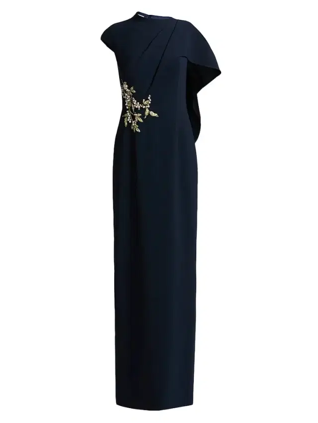 Teri Jon by Rickie Freeman Women's Pearl-Embellished Draped Cape Column Gown - Navy