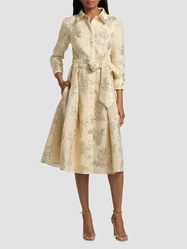 Teri Jon by Rickie Freeman Women's Metallic Floral Jacquard Midi-Shirtdress | Thumbnail 3