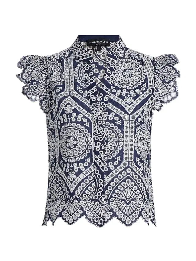 Generation Love Women's Romy Eyelet-Embroidered Cotton Shirt - Navy White