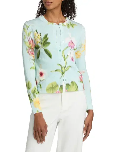 Oscar de la Renta Women's Chiné Flower Knit Cardigan - Saltwater Multi - Size XL | Thumbnail 3