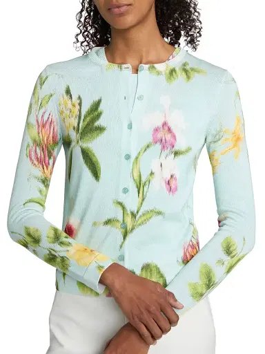 Oscar de la Renta Women's Chiné Flower Knit Cardigan - Saltwater Multi - Size XL | Thumbnail 6