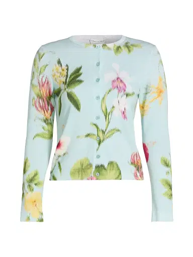 Oscar de la Renta Women's Chiné Flower Knit Cardigan - Saltwater Multi - Size XL | Thumbnail 1