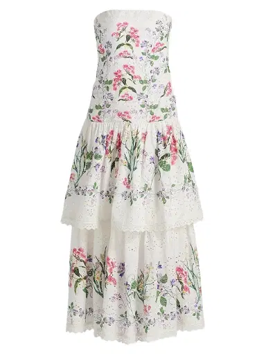 Hemant & Nandita Women's Floral Cotton Tiered Strapless Maxi Dress - Ivory - Size Small | Thumbnail 1