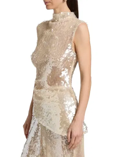 Lapointe Women's Sequined Mock Turtleneck Asymmetric Top - Ecru - Size 14 | Thumbnail 4