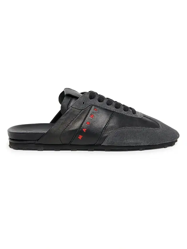 Men's Logo Leather Mules - Black Dark Grey