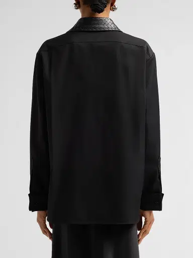 Bottega Veneta Women's Intrecciato Leather Collar Wool Shirt - Double Black - Size 12 | Thumbnail 3 Bottega Veneta Women's Intrecciato Leather Collar Wool Shirt - Double Black - Size 12 | Thumbnail 3