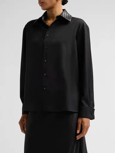 Bottega Veneta Women's Intrecciato Leather Collar Wool Shirt - Double Black - Size 12 | Thumbnail 4 Bottega Veneta Women's Intrecciato Leather Collar Wool Shirt - Double Black - Size 12 | Thumbnail 4