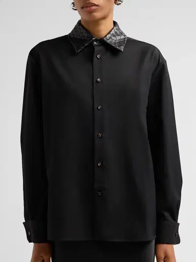 Bottega Veneta Women's Intrecciato Leather Collar Wool Shirt - Double Black - Size 12 | Thumbnail 5 Bottega Veneta Women's Intrecciato Leather Collar Wool Shirt - Double Black - Size 12 | Thumbnail 5