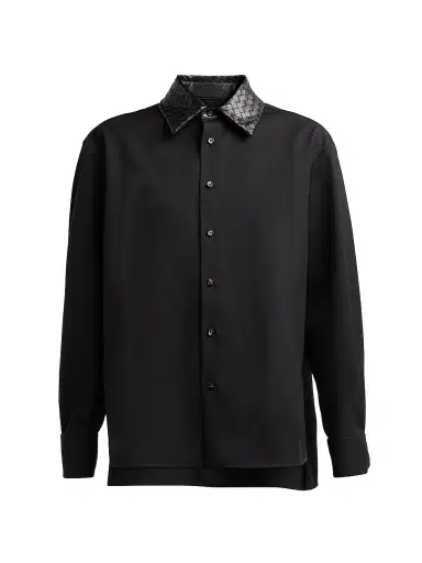 Bottega Veneta Women's Intrecciato Leather Collar Wool Shirt - Double Black - Size 12 | Thumbnail 1 Bottega Veneta Women's Intrecciato Leather Collar Wool Shirt - Double Black - Size 12 | Thumbnail 1