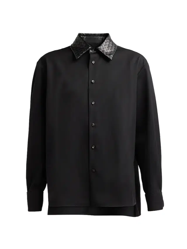 Bottega Veneta Women's Intrecciato Leather Collar Wool Shirt - Double Black
