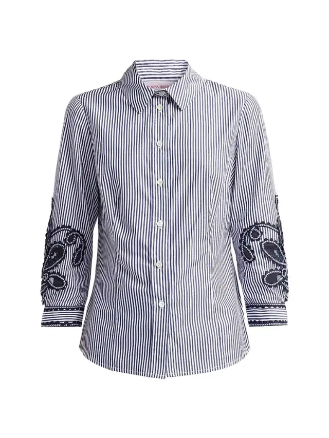 Carolina Herrera Women's Ana Cotton Floral-Embroidered Stripe Shirt - White Blue
