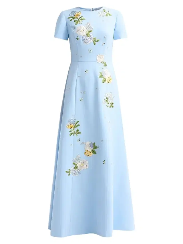 Carolina Herrera Women's Floral Embroidered Short-Sleeve Gown - Cloudy Blue