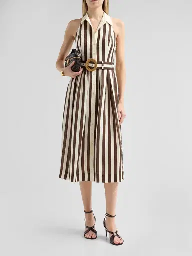 Cara Cara Women's Quentin Striped Linen Button-Front Halter Midi Dress - Brown Ivory Stripe - Size 12 | Thumbnail 2 Cara Cara Women's Quentin Striped Linen Button-Front Halter Midi Dress - Brown Ivory Stripe - Size 12 | Thumbnail 2