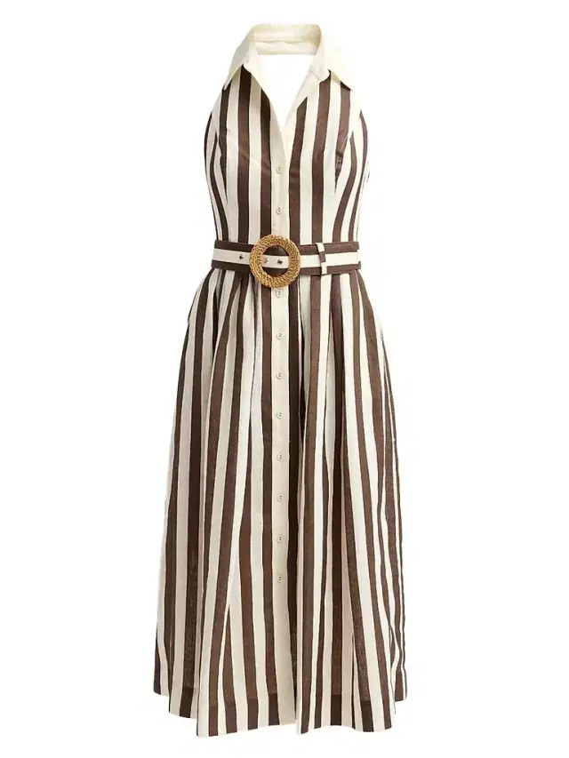 Cara Cara Women's Quentin Striped Linen Button-Front Halter Midi Dress - Brown  Stripe