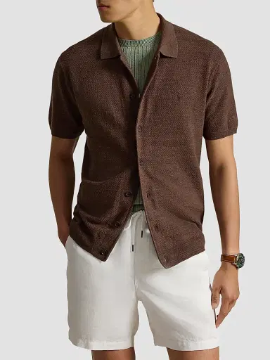 Polo Ralph Lauren Men's Herringbone Cotton-Linen Short-Sleeve Cardigan - Nutmeg Brown Heather - Size XXL | Thumbnail 4 Polo Ralph Lauren Men's Herringbone Cotton-Linen Short-Sleeve Cardigan - Nutmeg Brown Heather - Size XXL | Thumbnail 4