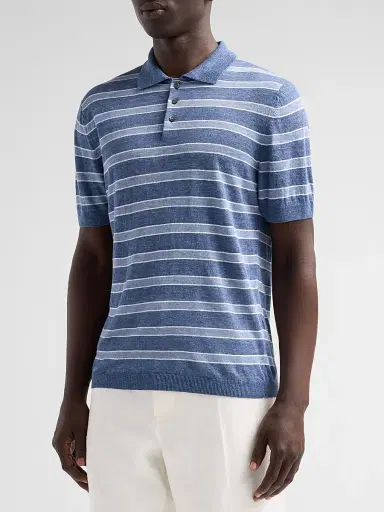 Saks Fifth Avenue Men's COLLECTION Linen Striped Polo Shirt - Navy - Size XXL | Thumbnail 4 Saks Fifth Avenue Men's COLLECTION Linen Striped Polo Shirt - Navy - Size XXL | Thumbnail 4