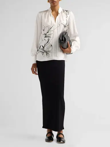 Jason Wu Collection Women's Shadow Floral Silk Twill Tieneck Blouse - Chalk Hunter Green Multi - Size 14 | Thumbnail 2