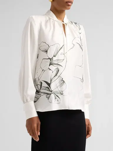Jason Wu Collection Women's Shadow Floral Silk Twill Tieneck Blouse - Chalk Hunter Green Multi - Size 14 | Thumbnail 4