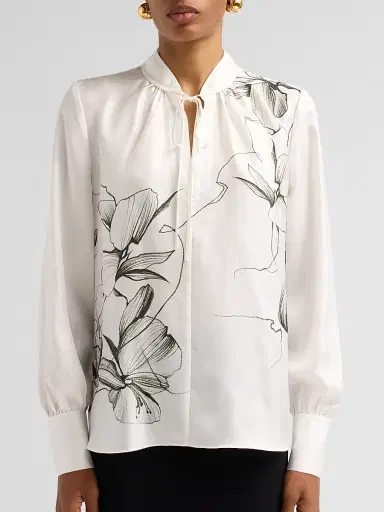 Jason Wu Collection Women's Shadow Floral Silk Twill Tieneck Blouse - Chalk Hunter Green Multi - Size 14 | Thumbnail 5