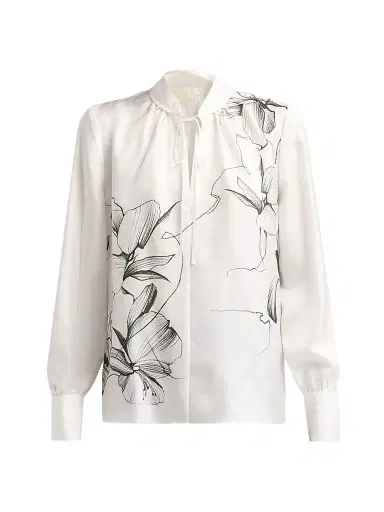 Jason Wu Collection Women's Shadow Floral Silk Twill Tieneck Blouse - Chalk Hunter Green Multi - Size 14 | Thumbnail 1