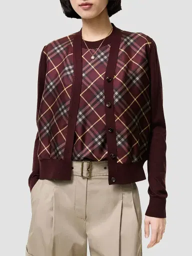 Burberry Women's Check Panel Wool-Silk Cardigan - Vineyard Red | Thumbnail 2