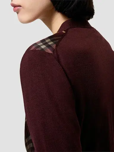 Burberry Women's Check Panel Wool-Silk Cardigan - Vineyard Red | Thumbnail 3