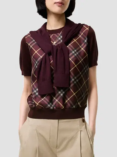 Burberry Women's Sandrina Check Panel Wool-Silk T-Shirt - Vineyard Red - Size XXS | Thumbnail 2