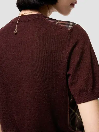 Burberry Women's Sandrina Check Panel Wool-Silk T-Shirt - Vineyard Red - Size XXS | Thumbnail 3