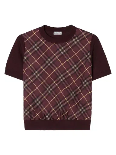 Burberry Women's Sandrina Check Panel Wool-Silk T-Shirt - Vineyard Red - Size XXS | Thumbnail 1